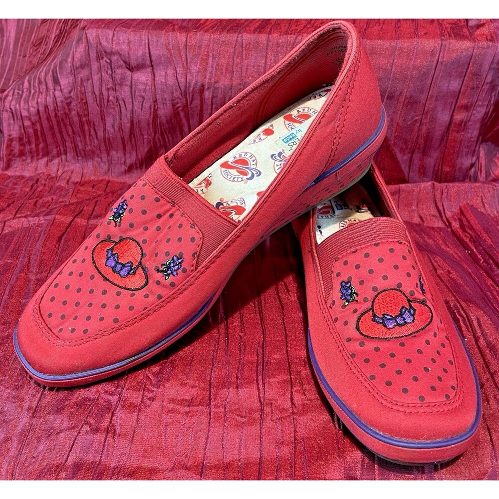 Womens Grasshoppers Red Hat Society Polka Dot Slip-on Wedge Espadrille Shoes 7M